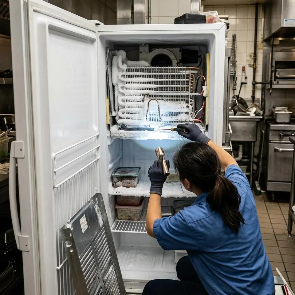 Technician inspecting frosted evaporator coils with a flashlight inside an open upright freezer