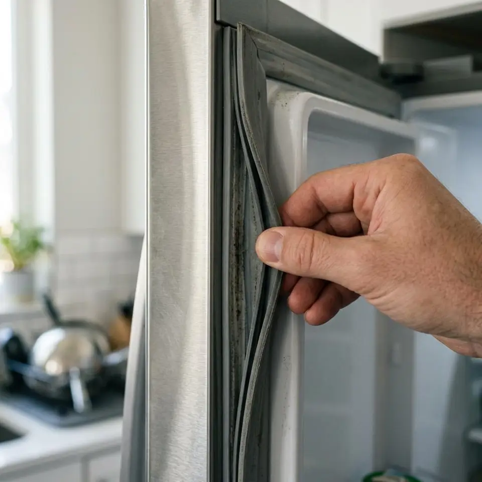 Hand checking a refrigerator door gasket for gaps during a Charlotte appliance repair visit