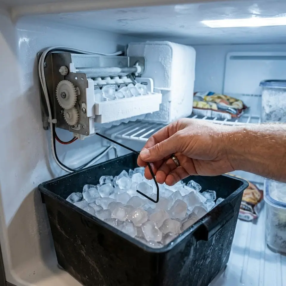 Hand adjusting a refrigerator ice maker assembly above a bin of ice cubes in a freezer compartment