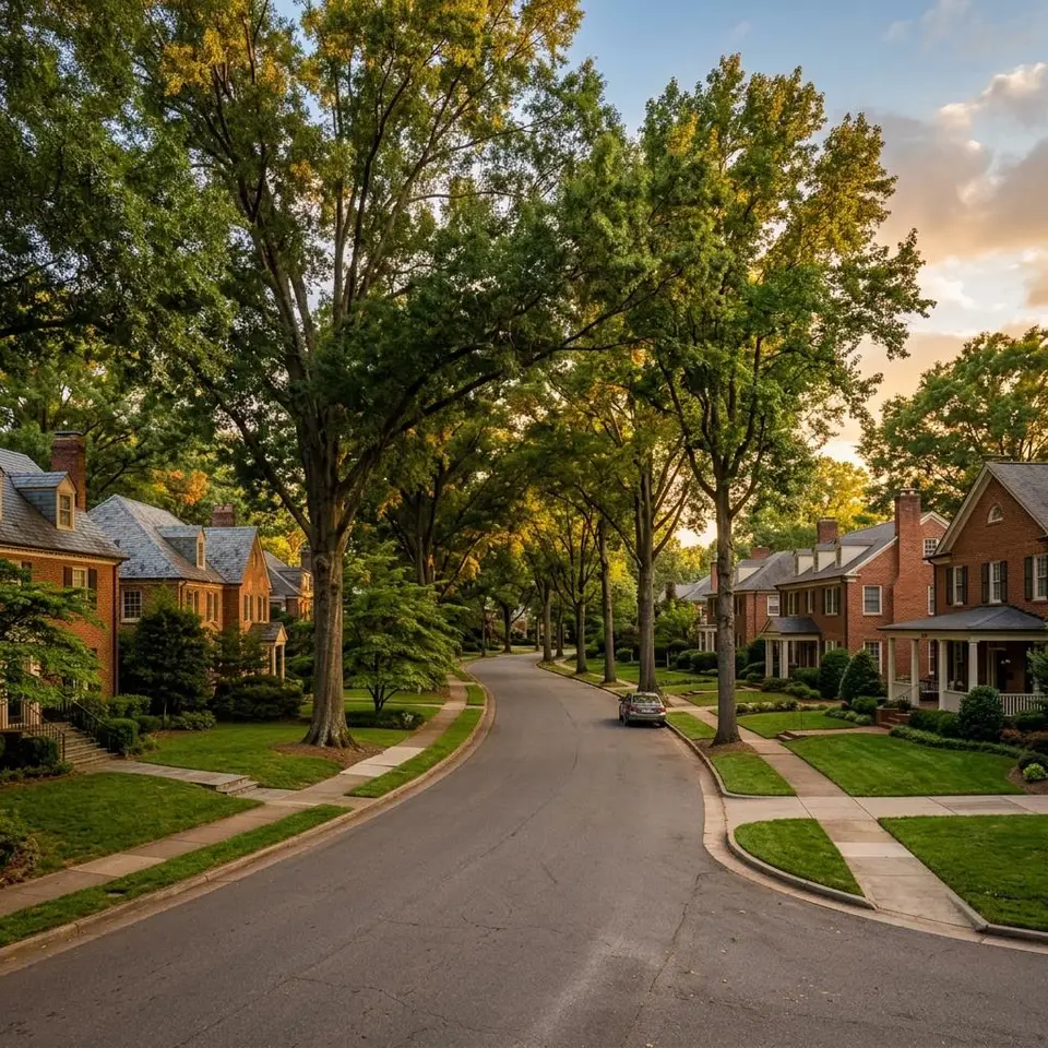 Tree lined residential street in Charlotte, North Carolina at golden hour